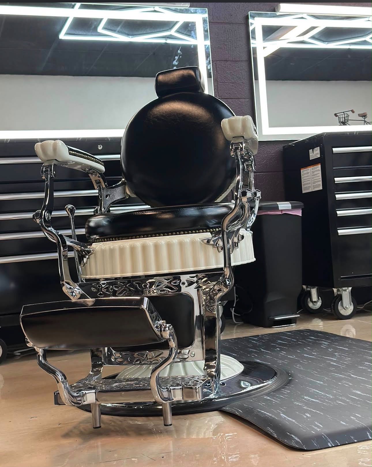 Chrome and black leather barber chair