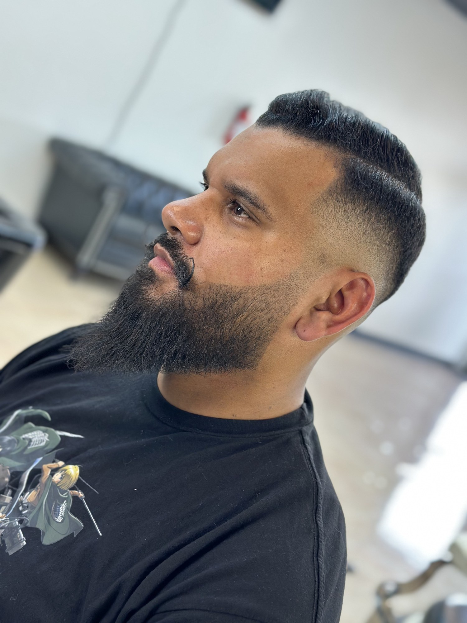 Slick Back + Beard haircut by Jhoel at God Level Barbershop